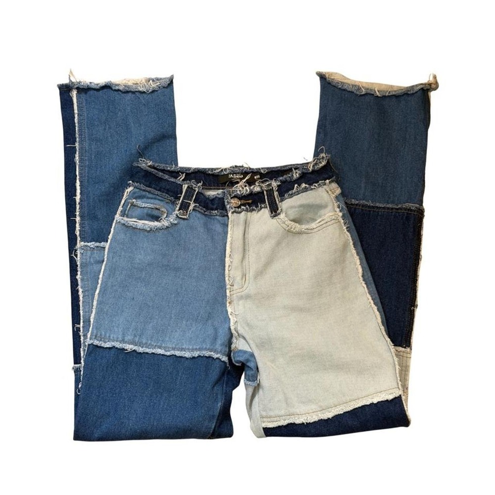 Skater Eclectic Jaded London Frayed Patchwork Panel Jeans Blue Denim Size W25